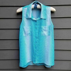 Notations Blue White Stripe Sheer Sleeveless Button Down Blouse size Medium